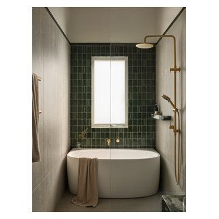 Modern Classic - Transitional - Bathroom - Sydney - by schemes & spaces | Houzz AU Sunroom Fireplace, Long Bathroom, Garage Entry, Powder Room Small, Transitional Bathroom, Kitchen Photos, Laundry In Bathroom, Glass Panel, Pool Patio