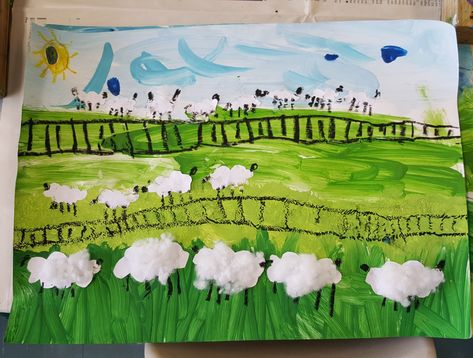 This art activity helped me explain distance perspective to my class of five year olds. DAY ONE They painted the background. DAY TWO Glue different sized sheep into correct fields, add "wool" to nearby (large) sheep and draw legs, heads and tails. Add a sun too if you like. Sheep In A Field, Seashell Centerpieces, Wine Glass Tags, Sheep Art, Heads And Tails, Farm Art, Perspective Art, Art Activity, Kindergarten Art