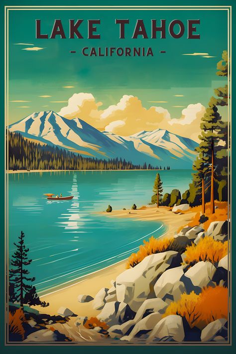 Vintage travel posters - high-quality and high-resolution downloadable prints. 1. DOWNLOAD 2. PRINT 3. FRAME Dimensions: 12x18, 16x24, 20x30, and 24x36 - 300 dpi (2300 x 3500) Aspect Ratio: 3:2 Lake Tahoe Illustration, Vintage Travel Aesthetic, Posters California, Vintage Travel Posters Art Deco, Paint Poster, Art Deco Travel Posters, Tahoe Trip, California Poster, Lake Tahoe California