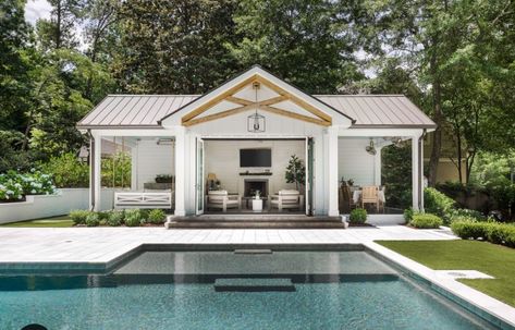 Pool House With Outdoor Fireplace, Pool With Poolhouse, Stucco Pool House, Pool And Poolhouse, Pool House Pavilion Ideas, Outdoor Pool Cabana, Pool Cabana With Storage, Outdoor Pool Cabana Ideas, Pool Cabana Design