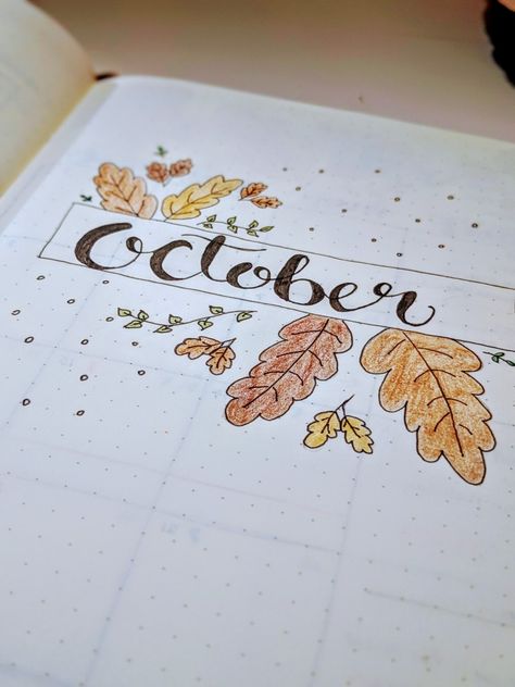 October cozy fall Autumn leaves acorns bullet journal cover title page November Title Page Bullet Journal, October Title Page Bullet Journal, October Title Page, October Title, Bullet Journal Leaves, Bullet Journal Title Page, Autumn Bullet Journal, Specials Board, October Planner