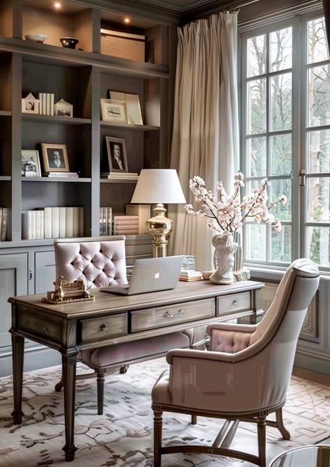 Creating the perfect workspace at home? 🖋️ Discover 34 of the best women's home office ideas to suit every style! From chic and modern setups to cozy and creative spaces, find inspiration to design an office that reflects your personality and boosts productivity. Explore these stylish and functional ideas now! #HomeOffice #OfficeDecor #WorkspaceInspiration #WomensStyle #InteriorDesign Feminine Professional Office, Transitional Office Design Inspiration, Women’s Office At Home, Shabby Chic Office Ideas Workspaces, Feminine Office Design, Woman's Office Ideas, French Farmhouse Office, Ladies Home Office Ideas, Small Feminine Office