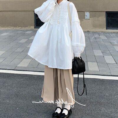 Collar type: stand collar. M: Dress length: 79cm Sleeve length: 70cm. L: Dress length: 80cm Sleeve length: 72cm. Sleeve Length: Long Sleeve. Clothing version: loose. XL: Length: 81cm Sleeve length: 74cm. China Summer Outfits, Japanese Fashion Women Casual, Japanese Outfits Casual, Japan Fashion Casual, Loose Long Sleeve Dress, Japanese Fashion Women, Loose Dress Pattern, Korean Blouse, Pleated Shirt Dress