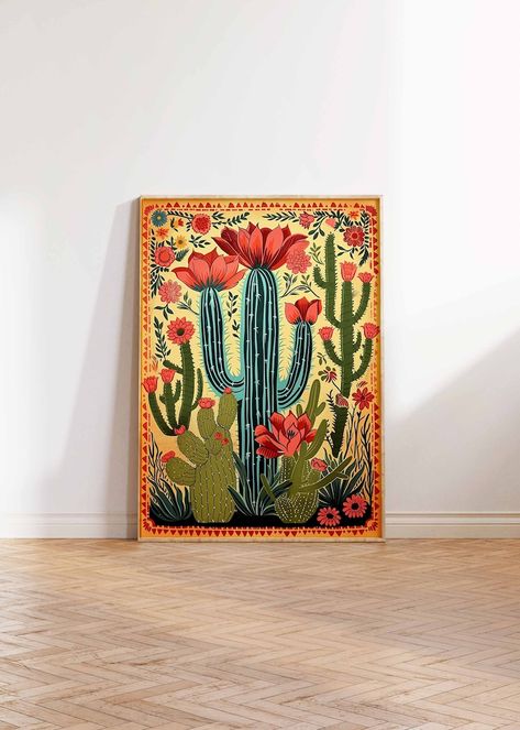 Vintage Mexican Cactus Poster, Colourful Mexican Art Print, Traditional Mexican Artwork, Floral Vintage Poster, Latin Decor, Mexican Gift - Etsy Spanish Murals Mexican Style, Traditional Mexican Paintings, Cactus Folk Art, Mexican Artwork Traditional, How To Paint Cactus, Mexican Room Ideas, Mexican Room Aesthetic, Mexican Illustration Art, Mexican Folk Art Pattern