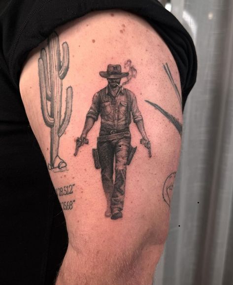 Mens Tattoo Sleeve Designs, West Coast Sleeve Tattoo, Dark Cowboy Tattoo, Ghost Town Tattoo, Contemporary Tattoo Men, Western Cowboy Skeleton Tattoo, Mens Cowboy Tattoos, Midwestern Tattoos, Cowboy Patchwork Tattoo