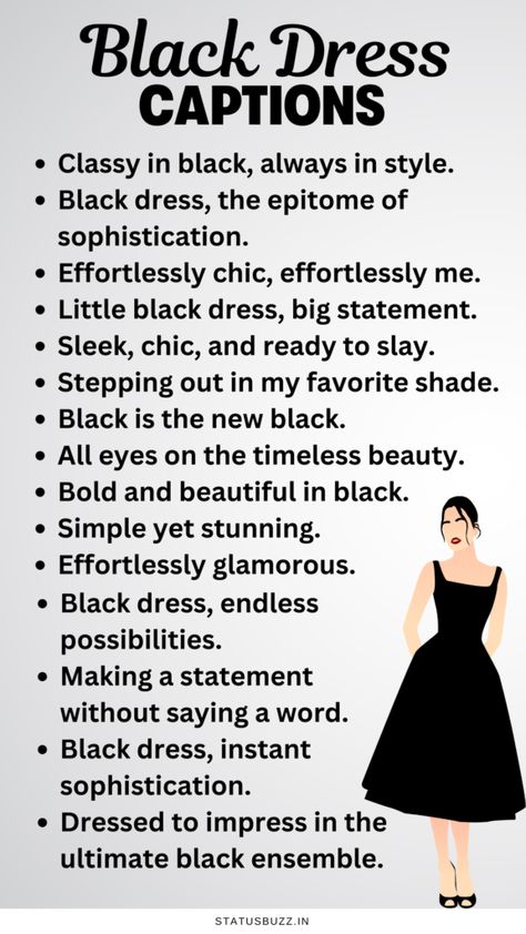 50 Black Dress Captions And Quotes For Instagram - StatusBuzz Black Outfit Quotes Classy, Black Clothes Caption, Black Dress Outfit Caption For Instagram, Black Dress Quotes Classy, Dress To Impress Quotes, Black Clothes Quotes, Black Dress Quotes Instagram, Dress Quotes Instagram, Dress Quotes Classy