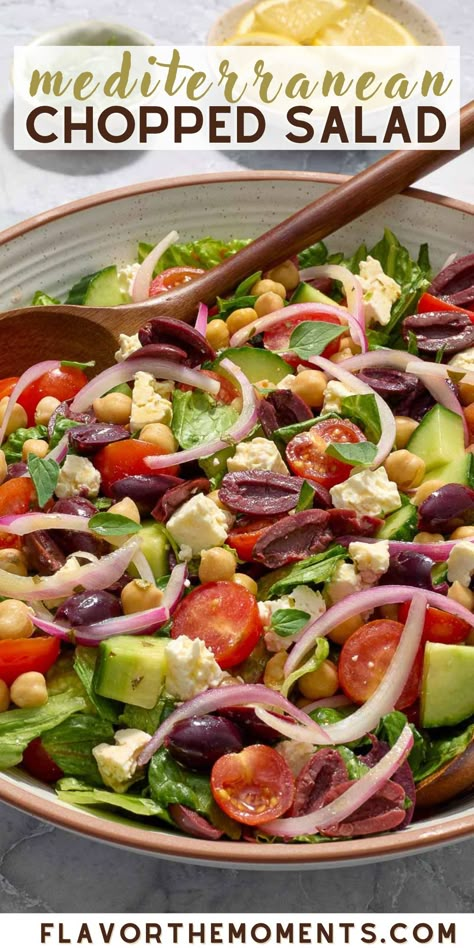 Mediterranean Chopped Salad is fresh and vibrant with a zesty Greek dressing and hearty chickpeas! It's the perfect summer salad! #salad #mediterranean #vegetarian Mediterranean Salad Dressing Healthy, Mediterranean Diet Salad Dressing Recipes, Mediterranean Chickpea Pasta Salad, Mediterranean Diet Dressing, Mediterranean Salad Ideas, Best Mediterranean Salad Recipes, Mediterranean Spinach Salad, Mediterranean Salad Bowl, Mediterranean Diet Recipes Salads