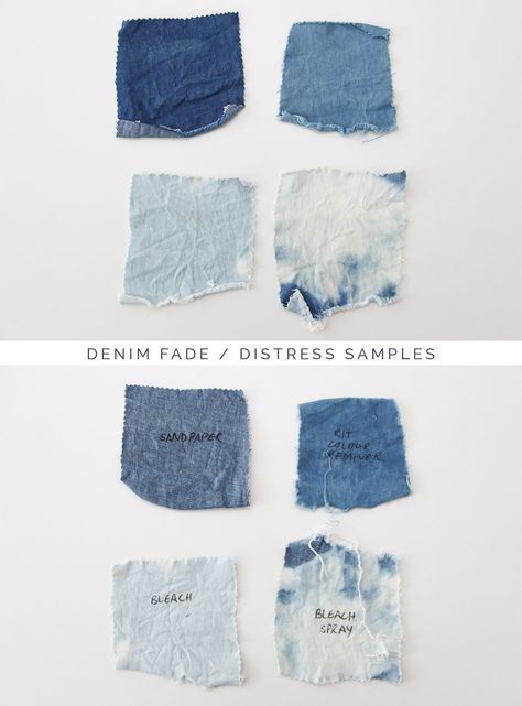 How To Fade Clothes, How To Distress Fabric, Distressed Denim Jacket Diy, Bleaching Denim, Denim Swatch, Denim Fabric Swatch, Distressing Denim, Samurai Print, Denim Bleach