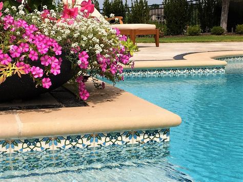 Swimming Pool Designs & Waterline Pool Liners - Balian Tile Studio Swimming Pool Border Ideas, Beautiful Pool Tile, Moroccan Pool Tile, Pool Flooring Ideas, Coping Corner, Pool Tile Ideas Waterline, Pool Border, Swimming Pool Ceramic, Pool Tile Ideas