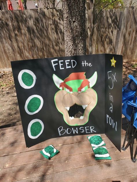 Nintendo Party Decorations Diy, Diy Bowser Decorations, Super Mario Trunk Or Treat Game, Mario Party Birthday Decorations, Mario Party Crafts, Mario Birthday Party Bowser, Mario Bros Theme Birthday Party, Mario Kart Games Party Ideas, Super Mario Carnival Games