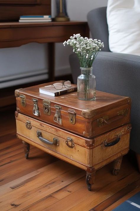 "Elevate your decor with the creative charm of a DIY Vintage Suitcase Table! 🛠️🧳 Perfect for creating a functional and stylish conversation piece. 🌟✨ #UpcycledDesign #VintageInspiration #DIYCrafts" Diy Vintage Suitcase, Garden Bedroom Ideas, Vintage Suitcase Decor, Vintage Suitcase Table, Suitcase Table, Suitcase Decor, Thrift Store Upcycle, Inspired Furniture, Old Suitcases