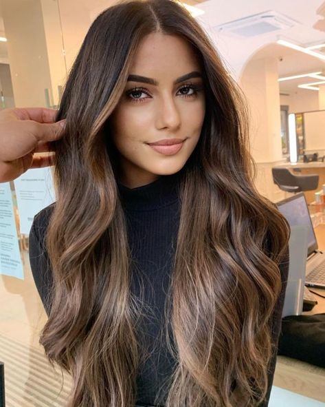 Dark Hair with Mushroom Brown Highlights Dark Brown Hair With Highlights, Hair With Highlights, Brown Hair Inspo, Brunette Hair With Highlights, Dark Hair With Highlights, Brunette Balayage Hair, Brown Hair Balayage, Long Dark Hair, Balayage Brunette