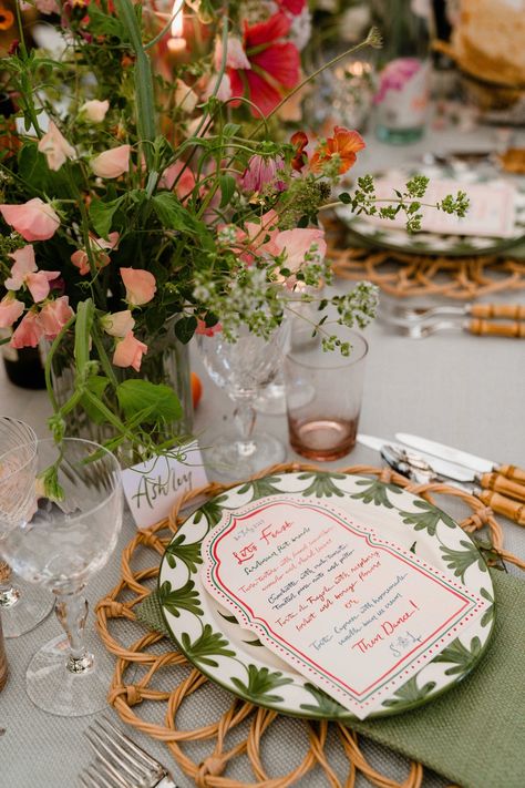 Rent: Green Cotswolds Dinner Wedding Table With Place Cards, Whimsical Table Setting Wedding, Natural Table Settings Wedding, Floral Dinner Party Aesthetic, Garden Party Table Scape, Elevated Dinner Party, Engagement House Party, Italian Backyard Wedding, Rehearsal Dinner Decorations Table Decor