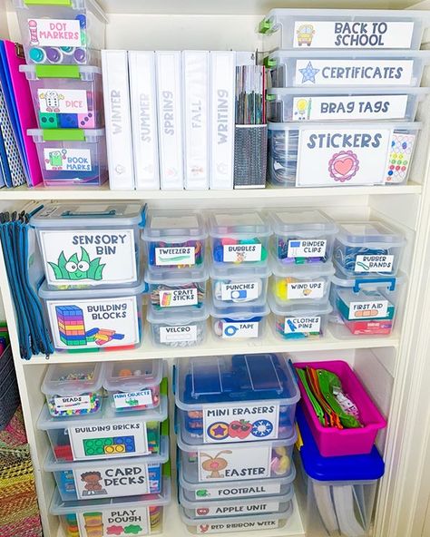 Occupational Therapy Storage Ideas, Speech Therapy Storage Ideas, Slp Organization Materials, Speech Therapy School Room, Speech Organization Ideas, Photo Storage Boxes Classroom, Small Speech Room, Small Speech Therapy Room Decor, Speech Classroom Set Up