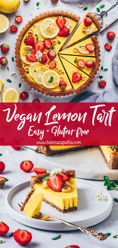 Vegan Lemon Tart Recipe, Vegan Lemon Curd Tart, Vegan Gluten Free Tart, Dairy Free Tart Recipe, Tart Recipes Vegan, Vegan Dessert Gluten Free, Gluten Free Lemon Tart, Spring Vegan Desserts, Vegan Gluten Free Pie