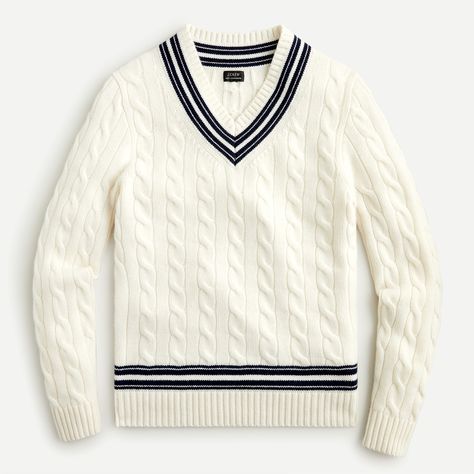 Shop J.Crew for the Cashmere cable-knit V-neck cricket sweater for Men. Find the best selection of Men Clothing available in-stores and online. Cricket Sweater, Tennis Sweater, Sweater Outfits Men, Raglan Sleeve Sweater, Guys Clothing Styles, Sweater For Men, Wool Clothing, Men's Suits, Softest Sweater