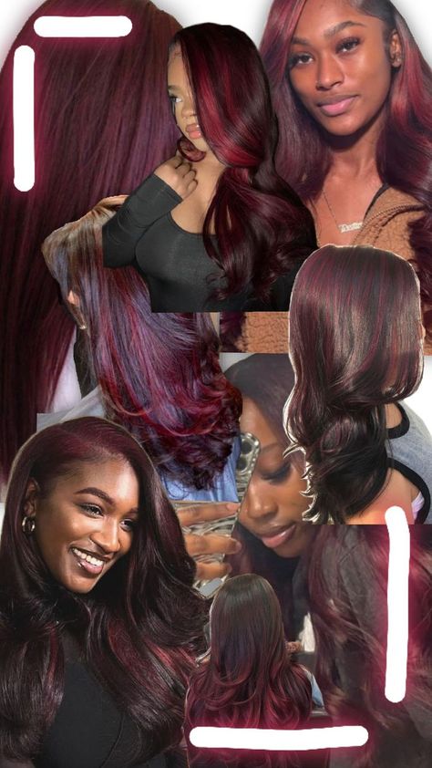 dark burgundy hair with red highlights Burgundy Hair With Red Highlights, Burgundy Natural Hair, Red Hair On Dark Skin, Burgundy Hair With Highlights, Hair With Red Highlights, Black Hair With Red Highlights, Cola Hair, Burgundy Red Hair, Dark Burgundy Hair