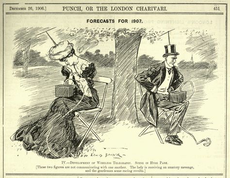 Replace these “wireless telegraphs” with smartphones, update the dress a little, and this vision from a 1906 issue of Punch magazine could easily be for 110 years in the future. Part of a series of “forecasts” for the year to come.  PUBLIC DOMAIN Punch Magazine, Anti Social Behaviour, Human Interaction, Old Magazines, Retro Futurism, Satire, Science And Technology, Newspaper, Vintage World Maps