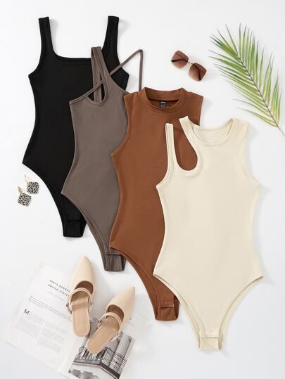 4pcs Asymmetric Neck Rib Knit Bodysuit | SHEIN USA Summer Bodysuits, Casually Chic, Comfy Jumpsuits, Ribbed Knit Bodysuit, Notched Neckline, Tank Bodysuit, Fabric Construction, Body Suit Outfits, Knit Bodysuit