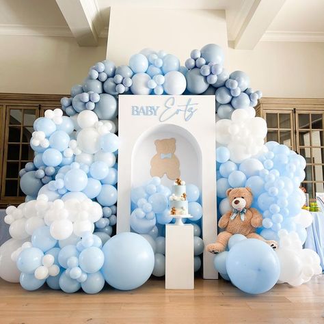 white victorian arch backdrop, blue, light blue and white balloon garland, teddy bear, teddy bear signage, teddy bear cake, white cake stand, white pedestal, teddy bear backdrop, scottsdale arizona, julie ertz baby shower Blue Teddy Bear Birthday Theme, Blue Teddy Bear Baby Shower Theme, Blue And White Birthday Theme, Teddy Bear Balloon Garland, Bear Birthday Backdrop, Blue Baby Shower Backdrop, Victorian Arch, Teddy Bear Backdrop, Teddy Theme