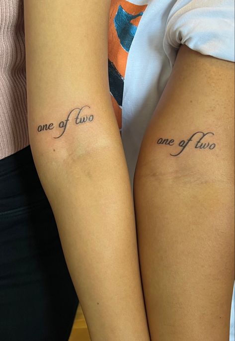 Matching tattoo aesthetic for duos or for sisters Double Trouble Matching Tattoos, Tattoos About Sisters, Matching Tattoos For Family Cousins, Matching Tattoos Twins Sisters, 3 Matching Tattoos Siblings, Matching Wrist Tattoos Sisters, Twin Sisters Tattoos, Tattoo Ideas For Twin Sisters, Matching Duo Tattoos