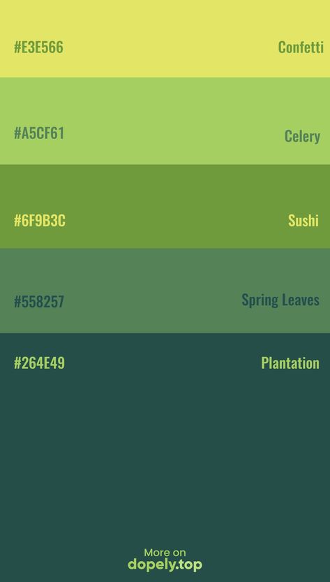 Color Palette Inspiration with Green. including these hex codes: #E3E566 #A5CF61 #6F9B3C #558257 #264E49 #dopely #green #colorpalette Color Pallets Greens, Green Rgb Palette, Olive Green Color Palette Hex Codes, Green Palette Color Code, Green Color Pallete Hex Code, Cool Colour Combinations, Shades Of Green Hex Codes, Neon Green Hex Code, Dark Green Color Palette Hex Codes