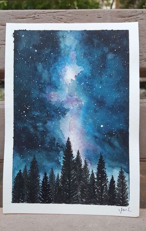 20 Beautiful Watercolor Night Sky Painting Ideas & Inspiration - Brighter Craft Watercolour Miniature Painting, Lightbulb Watercolor Painting, Sky With Watercolor, Star Watercolor Painting, Watercolor Design Ideas, Galaxy Watercolor Painting, Night Watercolor, Watercolor Night Sky, Galaxy Watercolor