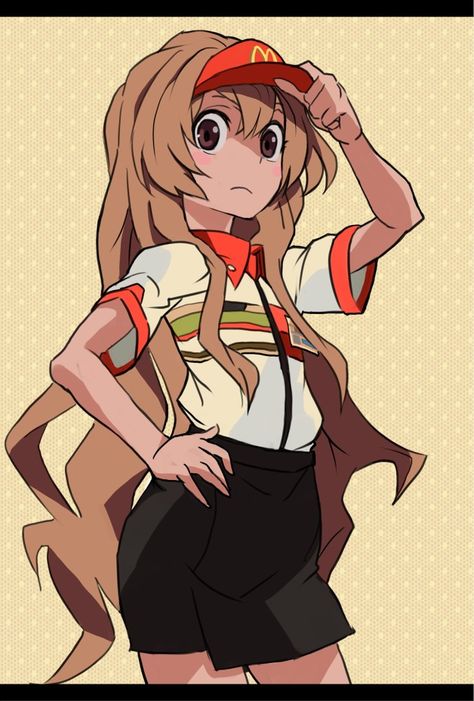 Aisaka Taiga Fast Food Uniform, Aisaka Taiga, Taiga Aisaka, Employee Uniform, Wallpapered Entry, Part Time Job, Brown Eyes Brown Hair, Otaku Art, Eyes Brown