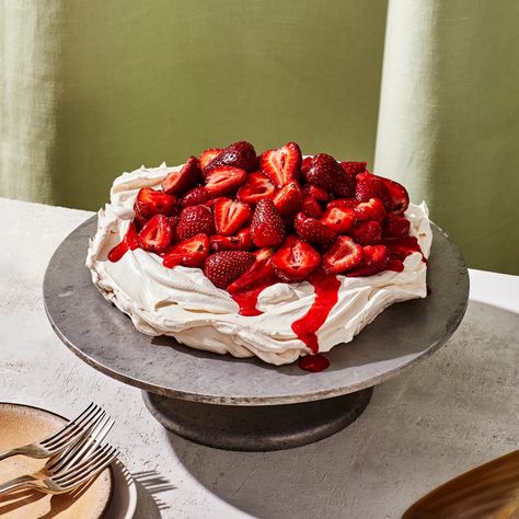 Strawberry Pavlova Recipe | Bon Appétit Restaurant Desserts, Strawberry Pavlova, Baked Meringue, Macerated Strawberries, Meringue Desserts, Pavlova Recipe, 5 Ingredient Recipes, Spring Desserts, Sweet Tarts