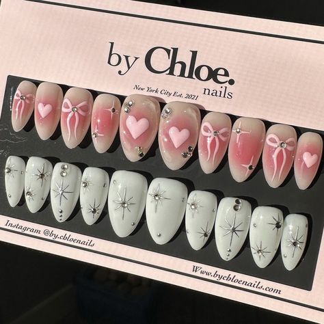 💖 Her finished order! Zoe used to be a committed medium round girly but we recently switched to medium almond & it’s quickly become her favorite! The medium round & medium almond are very similar in length but almond is more tapered at the ends 💅 for a more elongated look! Make sure to save for your next order! XOXO Chloe 💖 #almondshapenails #pressonnailsforsale #pressons #athomenails #valentinesdaynails #heartnails By Chloe Nails, Press Ons Nails Design, Pink Sparkly Nails, Chloe Nails, Nails Box, Business Nails, Medium Almond, Fancy Nails Designs, Nails Press