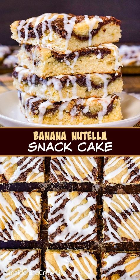 Banana Nutella Snack Cake - adding a Nutella cheesecake center and a sweet glaze on top makes this banana cake taste amazing! Make this easy egg free recipe for breakfast or brunch and watch it disappear! Morning Muffins, Nutella Snacks, Homemade Strawberry Sauce, Sweet Glaze, Recipe For Breakfast, Nutella Cheesecake, Banana Nutella, Fun Baking, Sweet Ideas