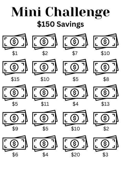 Save Money Chart, Fun Money Challenges, Cash Savings Challenge, Small Money Saving Challenge, A6 Savings Challenge Free, Small Savings Challenge Biweekly, Budget Binder Saving Challenge, Mini Savings Challenge Free, Savings Challenges Free Printable