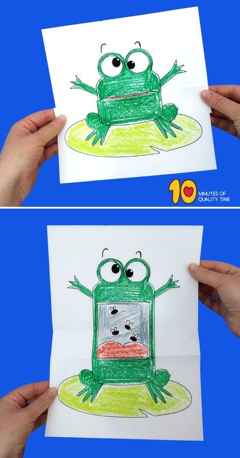 Surprise Folding Paper - Frog Surprise Folding Paper Drawing, Folding Paper Art, Frog Art Projects For Kids, Folded Paper Art, Frog Art Project, Folding Surprise Drawing, Easy Art And Craft Ideas For Kids, Frog Eating Fly, Frog Crafts For Kids