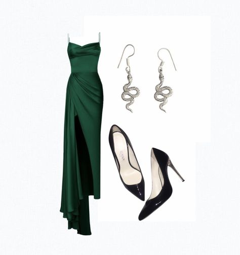 Green satin dress black heels silver snake detailed earrings Black And Silver Heels, Snake Dress, Green Satin Dress, Green Snake, Taylor Swift Tour Outfits, Silver Heels, High Society, Prom Outfits, Movie Premiere