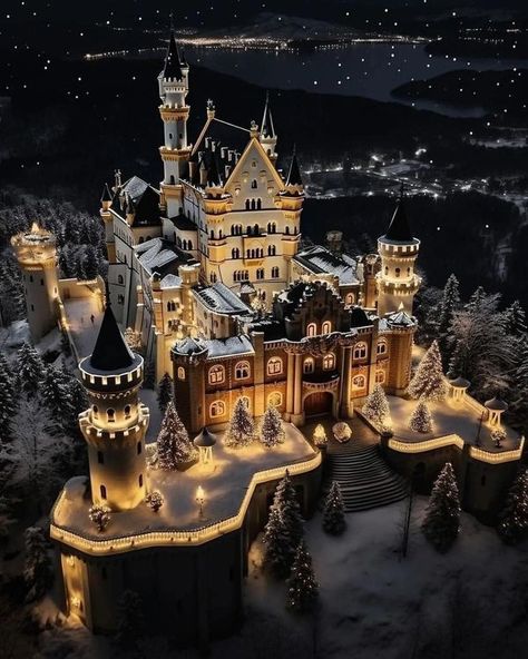 Winter And Christmas Scenery 🎅❄🎄❄⛄❄🎁 | Spectacular Neuschwanstein Castle, aglow with Christmas lights | Facebook Castle Bavaria, Winter Castle, Castle Aesthetic, Famous Castles, Dream Mansion, Christmas Scenery, European Castles, Sleeping Beauty Castle, Neuschwanstein Castle