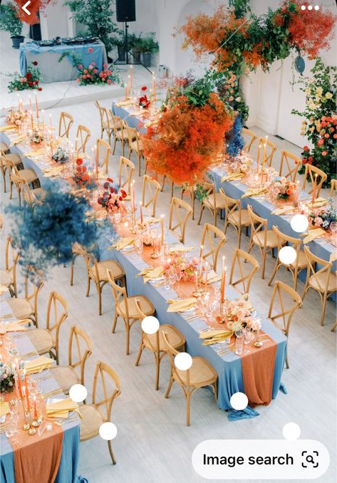 Orange And Blue Wedding Decorations, Blue And Orange Beach Wedding, Elemental Wedding Theme, Blue And Orange Event Decor, Dusty Blue And Orange Wedding Theme Table Settings, Pastel Blue And Orange Wedding, Light Orange And Blue Wedding, Dusty Blue And Burnt Orange Wedding Color Schemes, Sunset Boho Wedding