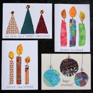 Fabric Scrap Christmas Cards - Happy Hooligans Collaged Christmas Cards, Greeting Cards With Fabric, Make Christmas Cards With Kids, Fabric Christmas Cards To Make, Handmade Christmas Cards Using Fabric, Fabric Scrap Christmas Crafts, Fabric Postcards Christmas, Fabric Scrap Christmas Cards, Kid Christmas Cards Handmade