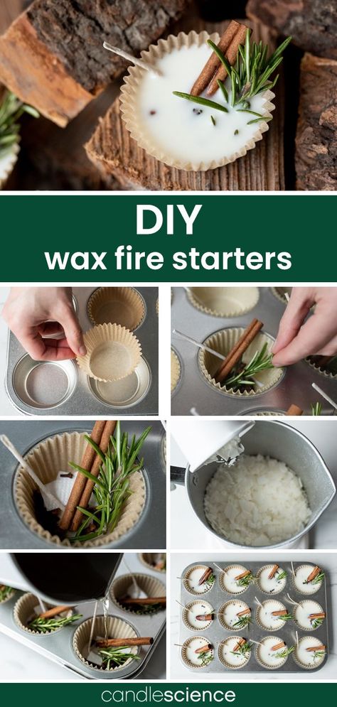 Start a cozy fire this winter with these simple-to-make wax fire starters. These are a great project for repurposing leftover wax, wick trimmings, and paper towels from candle making. Fire Starter Candles, How To Make Scented Fire Starters, Candle Making With Leftover Candles, Christmas Fire Starters, Wax Gifts For Him, Wax Fire Starters How To Make, Soy Wax Crafts, Soy Fire Starters, Witchy Craft Ideas To Sell