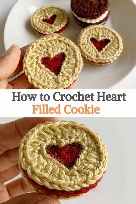 Heart Cookie Crochet Pattern, Cookies Crochet, Granny Square Häkelanleitung, Stitch Family, Crocheted Toys, Valentines Patterns, Filled Cookies, Valentines Crochet, Toy Crochet