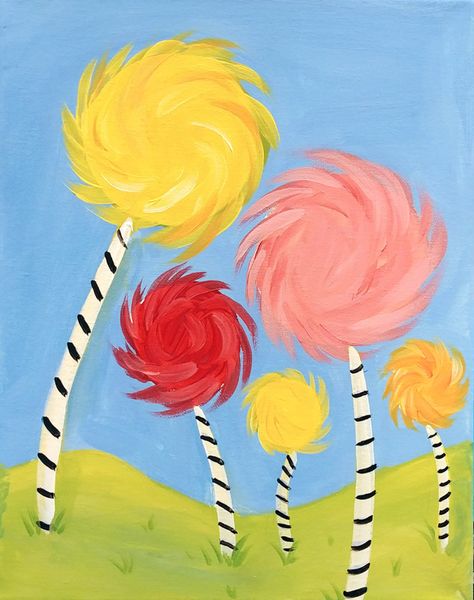 Creatively Kids: Truffula Trees *NEW* | Creatively Uncorked Wacky Painting Ideas, Truffula Trees Painting, Paint Day Ideas, Cute Colorful Painting Ideas, The Lorax Trees Painting, Lorax Painting Ideas, Lorax Trees Painting, Easy Spring Painting Ideas, Kids Paintings On Canvas