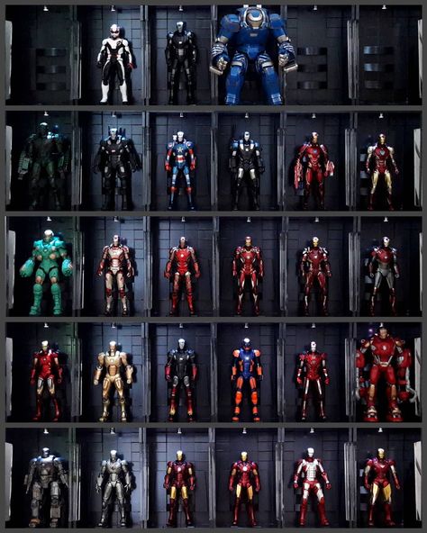 Farid Lei on Instagram: “Update 2020, 1/12 scale #hallofarmor #ironmancollection #ironmancollector #ironmanfigure #shfiguarts #comicave #marvellegends #revoltech…” Iron Man All Armors, Bottle Necklace Diy, Figurine Shelf, Hot Wheels Room, Marvel Collection, Doll Museum, Figure Display, Action Figure Display, Room Stuff