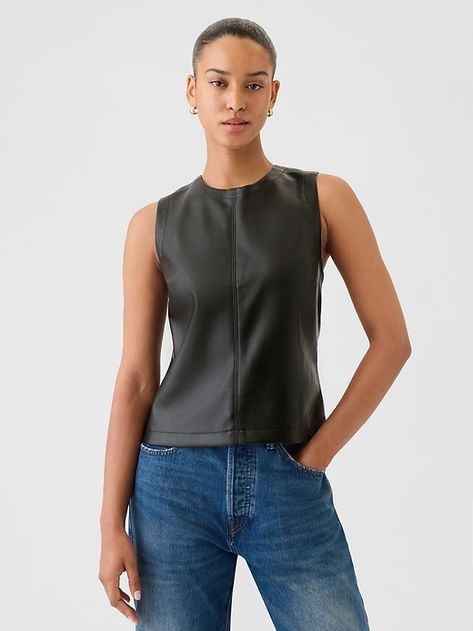 Vegan Leather Shell Tank Leather Tank Top Outfit, Leather Tank Top, Woman Vest, Newborn Dresses, Set Outfit, Fall 2024, Newborn Outfits, Vest Top, Black Faux Leather