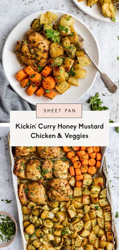 One Pan Kickin' Curry Honey Mustard Chicken & Veggies | Ambitious Kitchen Honey Mustard Chicken Marinade, Mustard Marinade For Chicken, Mustard Marinade, Ambitious Kitchen Recipes, Honey Mustard Marinade, Honey Mustard Chicken Recipes, Sheet Pan Meals Chicken, Mustard Chicken Recipes, Pan Cooking