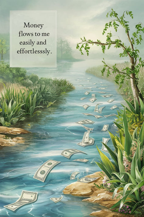 A tranquil river flowing through a lush landscape with dollar bills floating on the water, symbolizing the effortless flow of money. Abundance Images Wealth, Abundance Money Images, Money Abundance Wallpaper, Money Flowing To Me, Money Abundance Images, Passive Income Aesthetic, Income Affirmations, Money Flows To Me Easily, Abundance Images