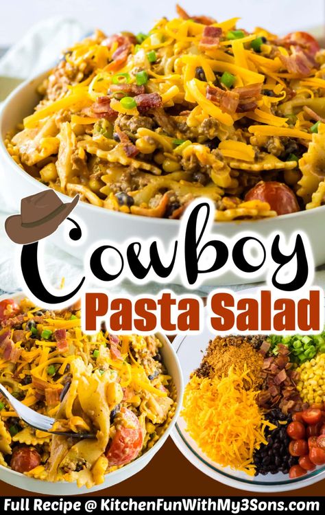 Cowboy pasta salad is an easy summertime meal made with juicy ground beef, bow tie pasta, bacon bits, and a tangy barbecue dressing. It's an instant family favorite! #pastasalad #cowboypastasalad Hot Night Dinners Summer, Cowboy Pasta Salad, Cowboy Pasta, Bow Tie Pasta Recipe, Pasta Bacon, Bowtie Pasta Salad, Bow Tie Pasta, Pasta Salad Dressing, Kitchen Fun