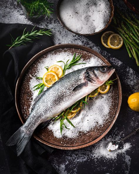 Salt Baked Branzino Baked Branzino, Fish Food Photography, Cooking With Wine, Ingredients Photography, Fish Farm, Food Photography Tips, Food Drink Photography, Baked Fish, Food Photography Styling