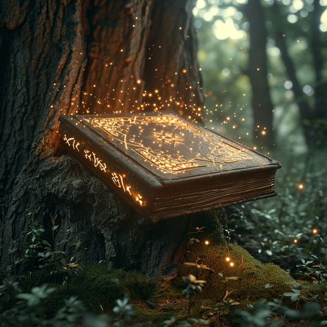 Enchanted Forest Book: A mystical book brimming with glowing particles stands against an old tree in a serene forest. #enchanted #book #forest #magic #glowing #aiart #aiphoto #stockcake ⬇️ Download and 📝 Prompt 👉 https://ayr.app/l/GCcG Enchanted Forest Moodboard, Forest Magic Aesthetic, Dark Enchanted Forest Aesthetic, Fairy Magic Mystical Forest, Enchanted Forest Book, Storybook Forest, Glowing Forest, Book Forest, Forest Enchanted