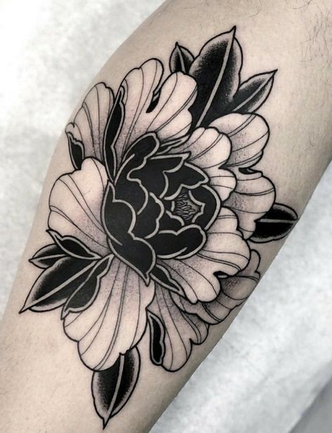 Simple Bold Tattoos, Black Work Peony Tattoo, Trad Knee Tattoo, Blackwork Peony Tattoo, Bold Flower Tattoo, Blackwork Peony, Dark Peonies, Landscape Tattoos, Black Flowers Tattoo