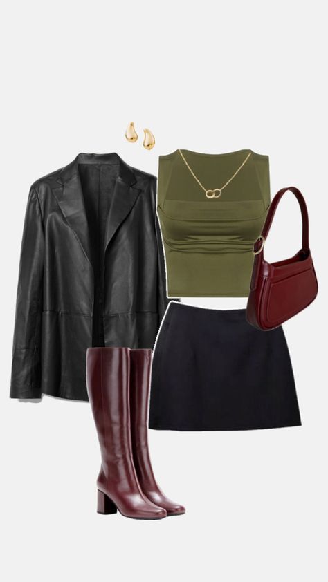 Green Night Outfit, Wine Night Outfit, Green Mini Skirt Outfit, Green Top Outfit, Olive Green Outfit, Red Leather Boots, Olive Green Top, Leather Boots Black, Green Mini Skirt