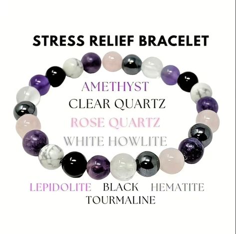 "Introducing the Stress Relief Bracelet by Chalice of Casamajor - a harmonious fusion of natural gemstones carefully curated to soothe your mind, calm your spirit, and alleviate the burdens of daily life. Crafted with exquisite attention to detail and infused with the energies of amethyst, clear quartz, rose quartz, white howlite, lepidolite, black tourmaline, and hematite, this unique piece is designed to help you find inner peace and balance amidst the chaos of the modern world. Key Features: Amethyst: Known as the \"Stone of Sobriety,\" amethyst promotes tranquility and emotional balance, helping to alleviate stress and anxiety. Clear Quartz: Often referred to as the \"Master Healer,\" clear quartz amplifies the healing properties of the other gemstones and helps to clear the mind of cl Jewelry Chain Types, Textured Bracelet, Cats Eye Stone, Daily Jewelry, White Howlite, Healing Jewelry, Luck Charms, Purple Crystals, Quartz Rose